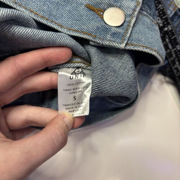 NWT UNIF x Urban OutfittersPatchwork Distressed Denim Jean Jacket Size Small - Picture 8 of 9